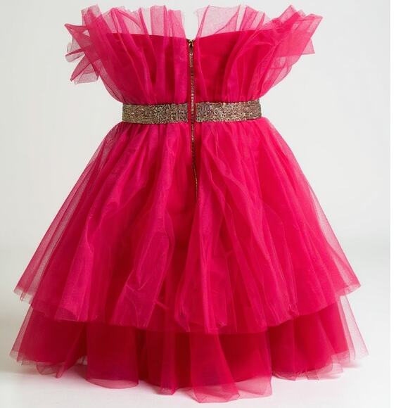 Mable Strapless Hot Pink Tulle Party Mini Dress Rhinestone Waist Women’s L - Picture 2 of 6